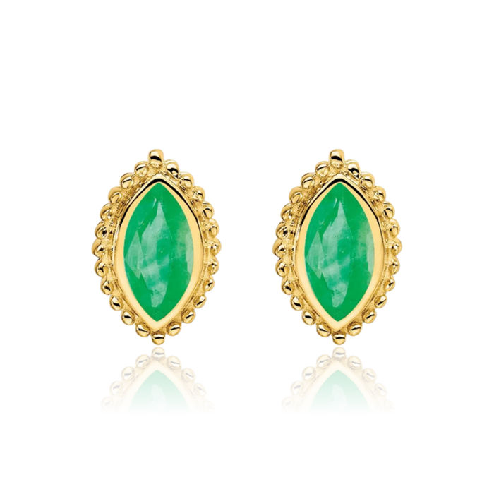 14K Solid Yellow Gold Marquise Green Emerald Stud Earrings May Birthstone Jewelry