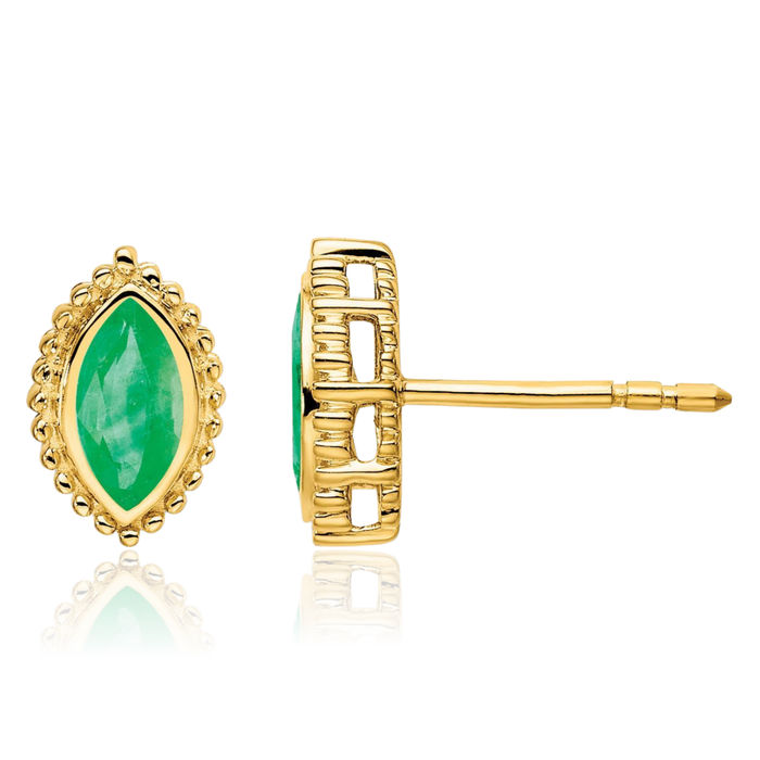 14K Solid Yellow Gold Marquise Green Emerald Stud Earrings May Birthstone Jewelry