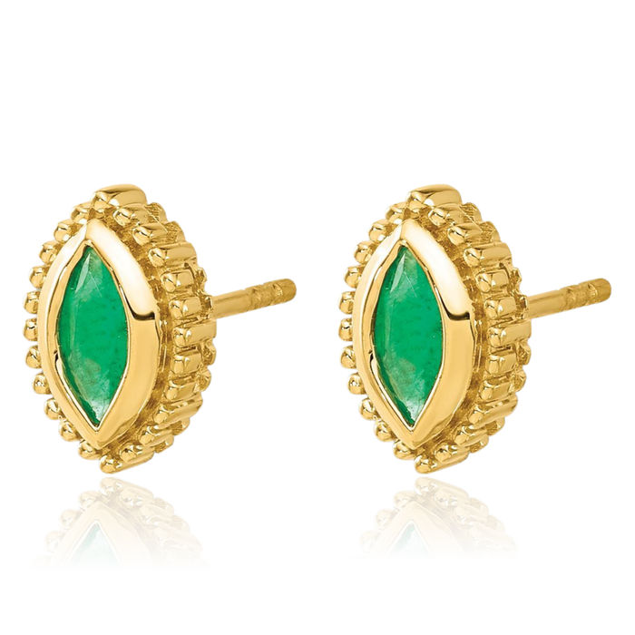 14K Solid Yellow Gold Marquise Green Emerald Stud Earrings May Birthstone Jewelry