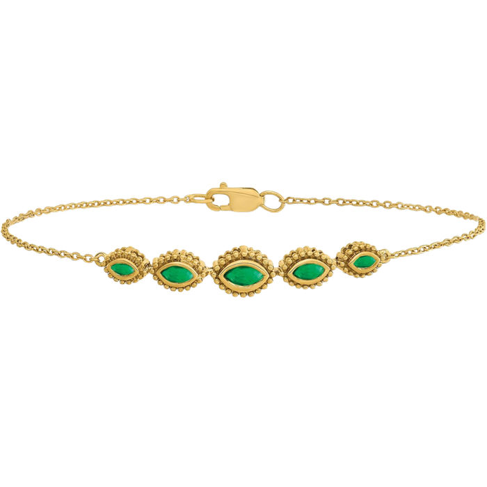 14K Solid Yellow Gold Marquise Green Emerald Chain Gemstone Tennis Bracelet