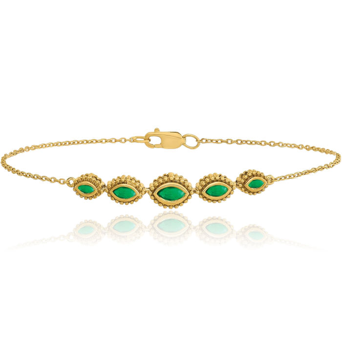 14K Solid Yellow Gold Marquise Green Emerald Chain Gemstone Tennis Bracelet