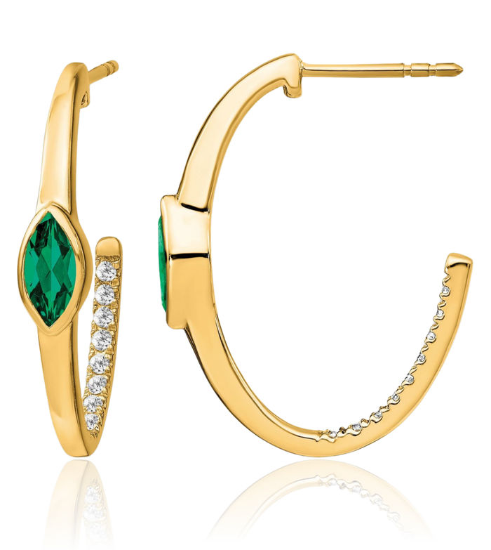 14K Solid Yellow Gold Marquise Lab Green Emerald Diamond J Hoop Earrings Gemstone Hoops May Birthstone Jewelry