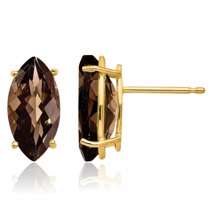 14K Solid Yellow Gold 12x6 Marquise Checker Cut Brown Smoky Quartz Studs Gemstone Earrings June Birthstone Jewelry