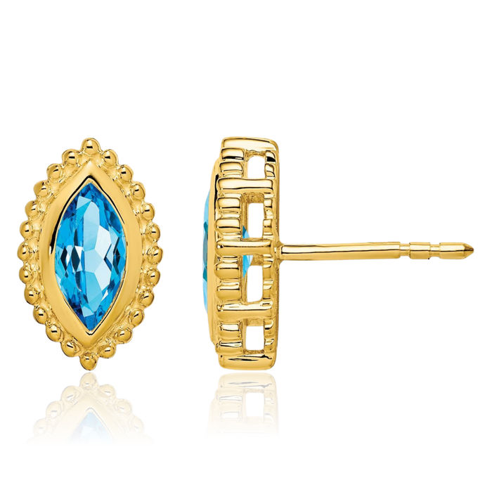 14K Solid Yellow Gold Marquise Swiss Blue Topaz Stud Earrings December Birthstone Jewelry