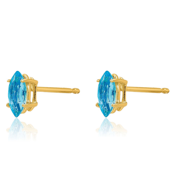 14K Solid Yellow Gold Marquise Swiss Blue Topaz Studs Gemstone Earrings December Birthstone Jewelry