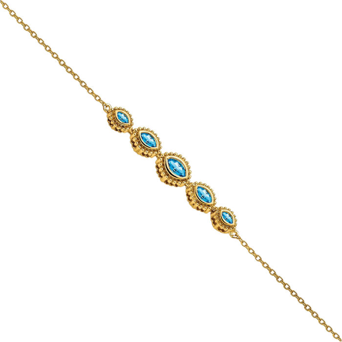 14K Solid Yellow Gold Marquise Swiss Blue Topaz Chain Gemstone Tennis Bracelet