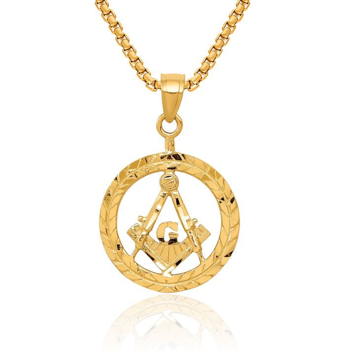 14K Solid Yellow Gold Master Mason Signet Freemason Masonic Symbol Necklace Chain Pendant Charm