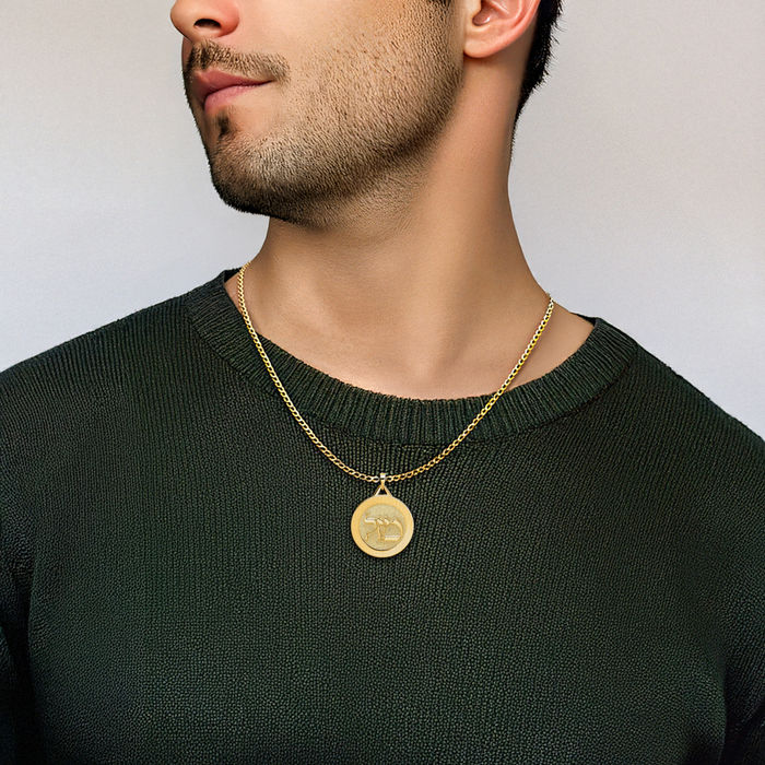 14K Solid Yellow Gold Mazel Symbol Disc Necklace Judaica Religious Chain Pendant Israel Charm