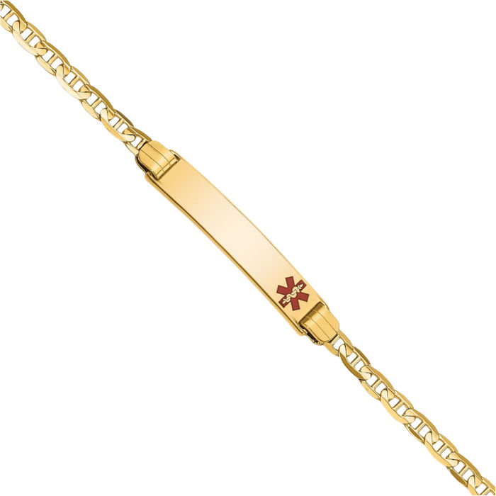 14K Solid Yellow Gold Medical Alert Anchor Mariner Link Chain Name Bar Identification ID Bracelet