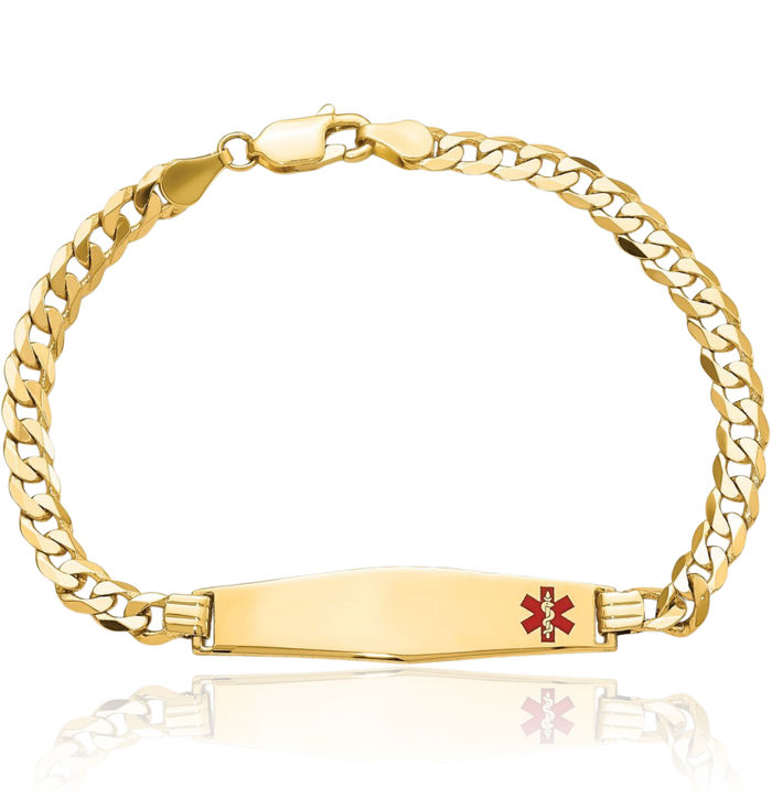 14K Solid Yellow Gold Medical Alert Curb Link Name Bar Identification ID Bracelet