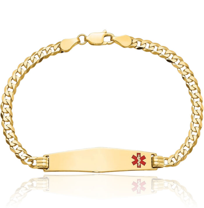 14K Solid Yellow Gold Medical Alert Curb Link Name Bar Identification ID Bracelet