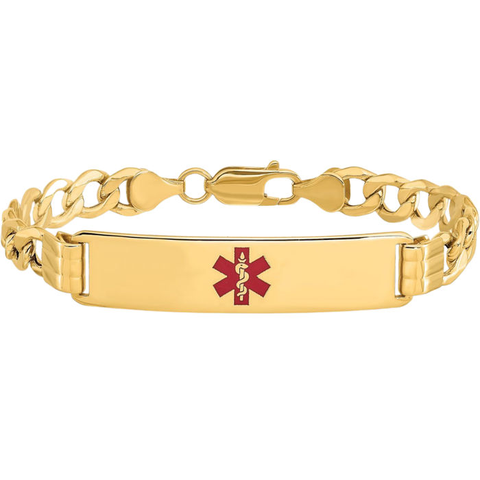 14K Solid Yellow Gold Medical Alert Curb Link Name Bar Identification ID Bracelet