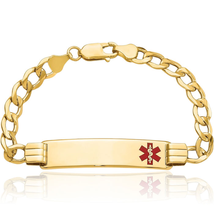 14K Solid Yellow Gold Medical Alert Curb Link Name Bar Identification ID Bracelet