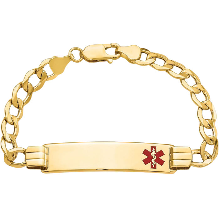 14K Solid Yellow Gold Medical Alert Curb Link Name Bar Identification ID Bracelet