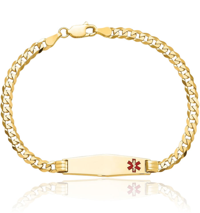 14K Solid Yellow Gold Medical Alert Curb Link Name Bar Identification ID Bracelet