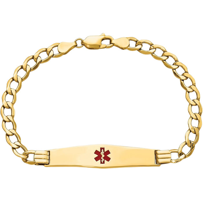 14K Solid Yellow Gold Medical Alert Curb Link Name Bar Identification ID Bracelet