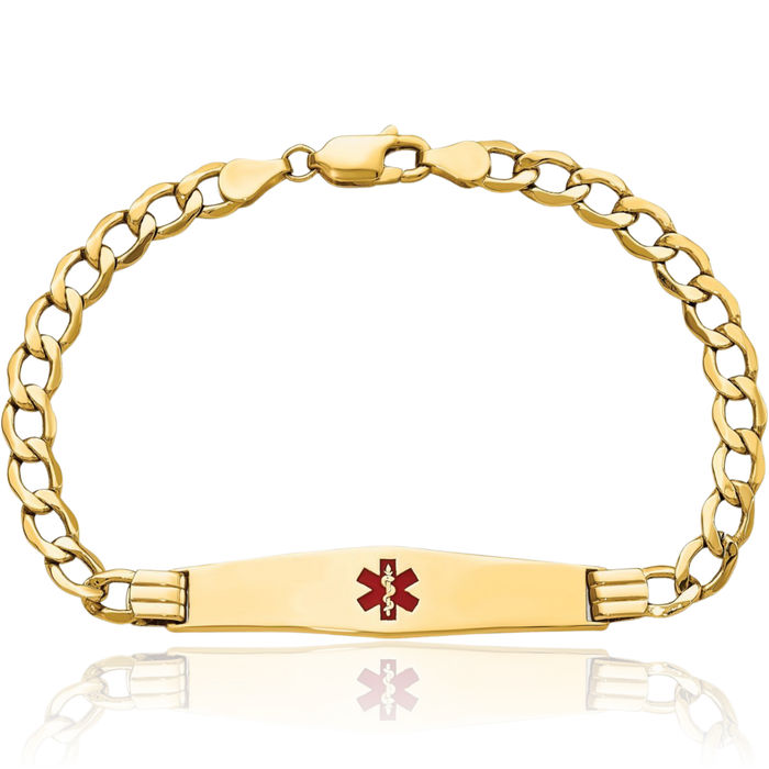 14K Solid Yellow Gold Medical Alert Curb Link Name Bar Identification ID Bracelet