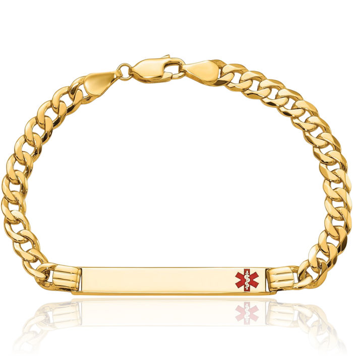 14K Solid Yellow Gold Medical Alert Curb Link Name Bar Identification ID Bracelet