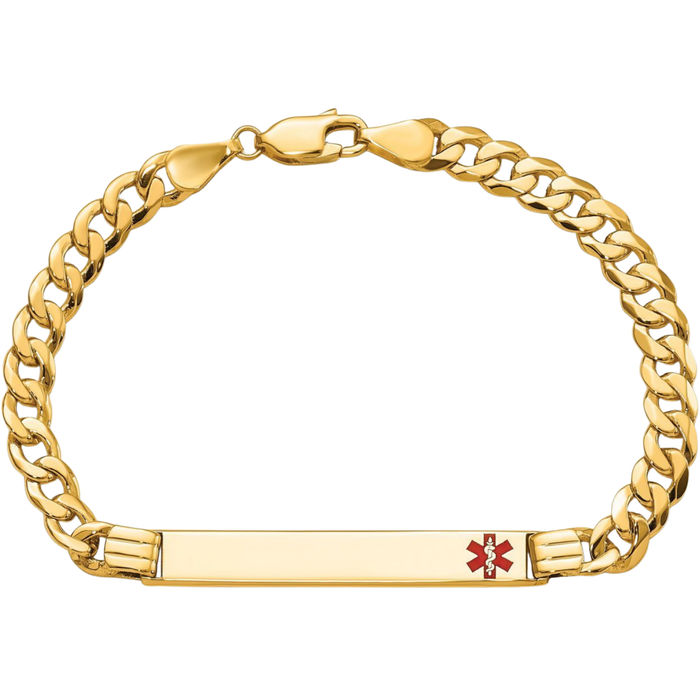 14K Solid Yellow Gold Medical Alert Curb Link Name Bar Identification ID Bracelet