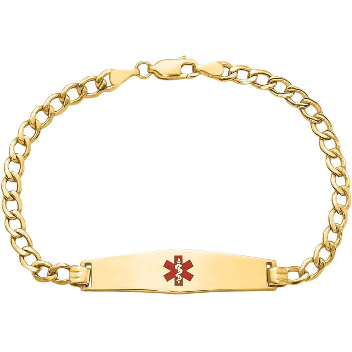 14K Solid Yellow Gold Medical Alert Curb Link Name Bar Identification ID Bracelet