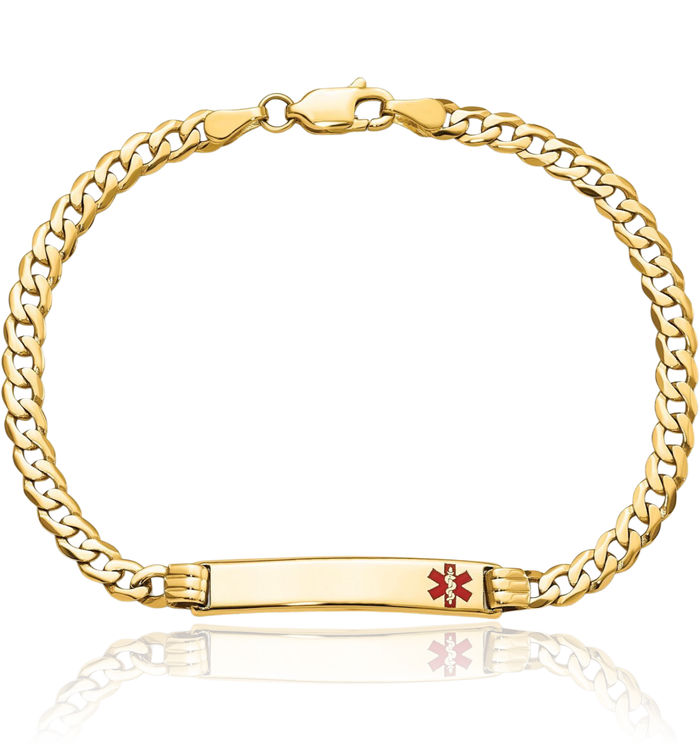 14K Solid Yellow Gold Medical Alert Curb Link Name Bar Identification ID Bracelet