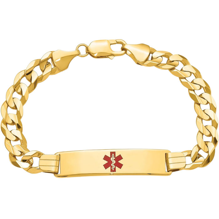 14K Solid Yellow Gold Medical Alert Curb Link Name Bar Identification ID Bracelet