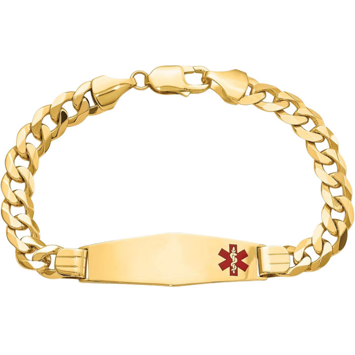 14K Solid Yellow Gold Medical Alert Curb Link Name Bar Identification ID Bracelet