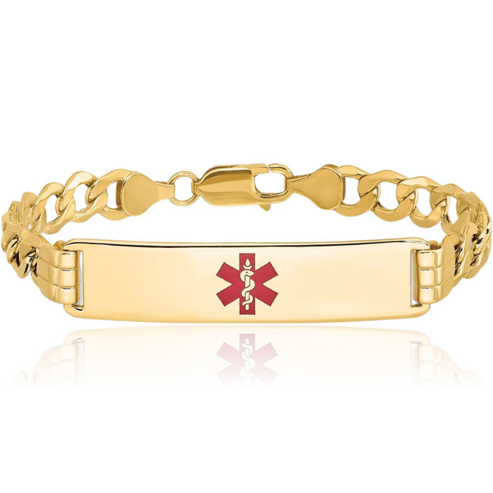 14K Solid Yellow Gold Medical Alert Curb Link Name Bar Identification ID Bracelet