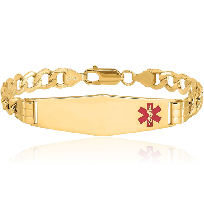 14K Solid Yellow Gold Medical Alert Curb Link Name Bar Identification ID Bracelet