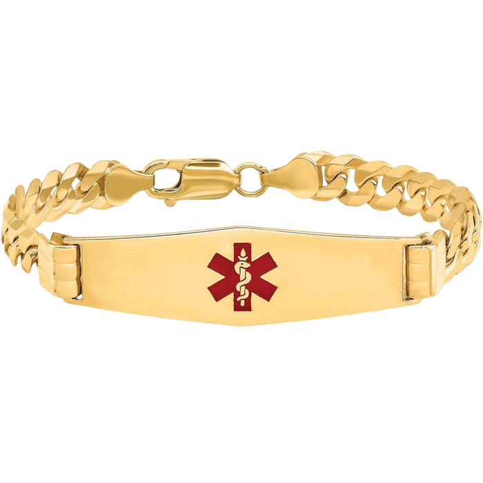 14K Solid Yellow Gold Medical Alert Curb Link Name Bar Identification ID Bracelet