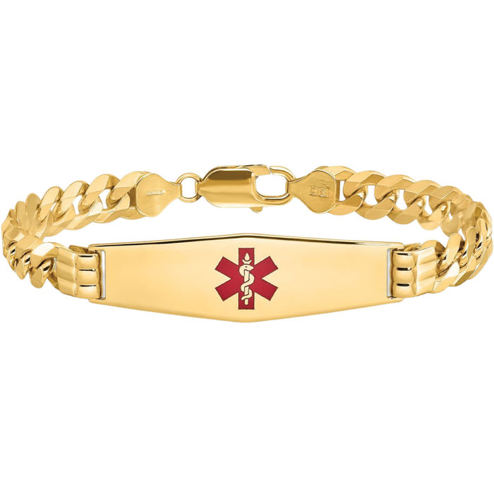 14K Solid Yellow Gold Medical Alert Curb Link Name Bar Identification ID Bracelet