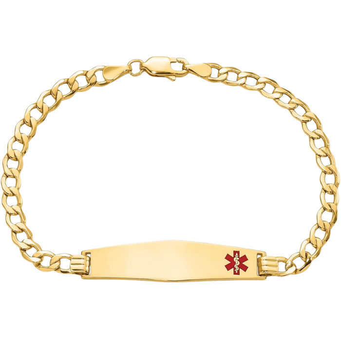 14K Solid Yellow Gold Medical Alert Curb Link Name Bar Identification ID Bracelet