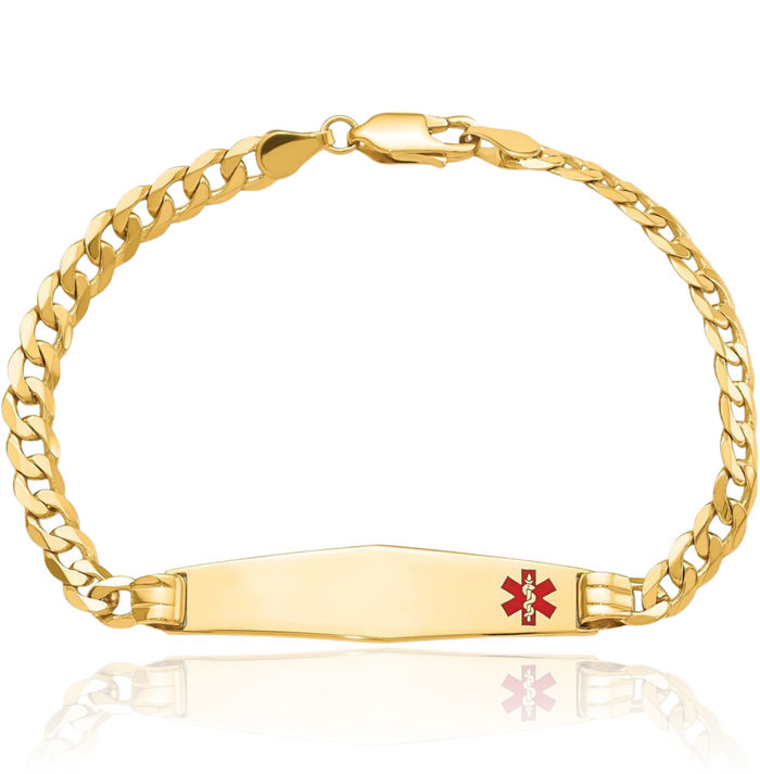 14K Solid Yellow Gold Medical Alert Curb Link Name Bar Identification ID Bracelet