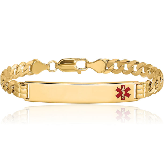 14K Solid Yellow Gold Medical Alert Curb Link Name Bar Identification ID Bracelet