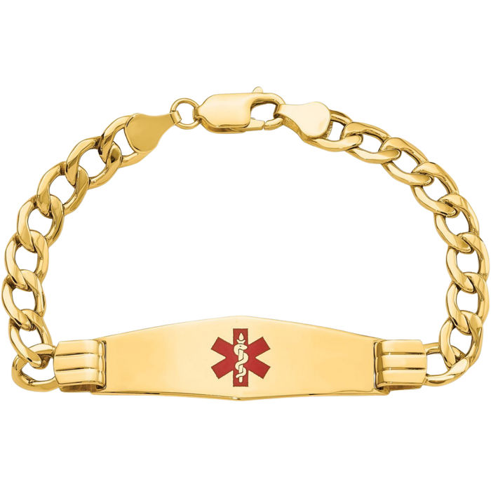 14K Solid Yellow Gold Medical Alert Curb Link Name Bar Identification ID Bracelet