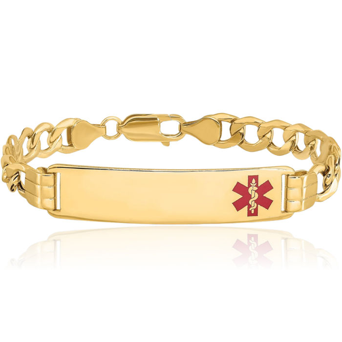 14K Solid Yellow Gold Medical Alert Curb Link Name Bar Identification ID Bracelet