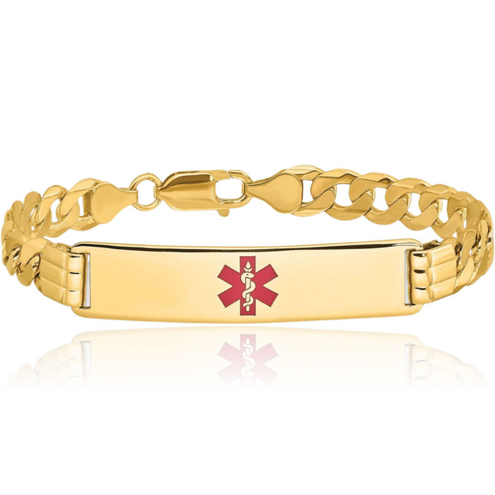 14K Solid Yellow Gold Medical Alert Curb Link Name Bar Identification ID Bracelet