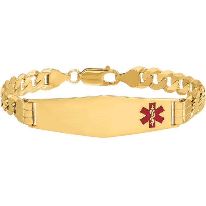 14K Solid Yellow Gold Medical Alert Curb Link Name Bar Identification ID Bracelet