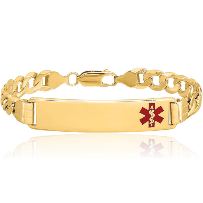 14K Solid Yellow Gold Medical Alert Curb Link Name Bar Identification ID Bracelet