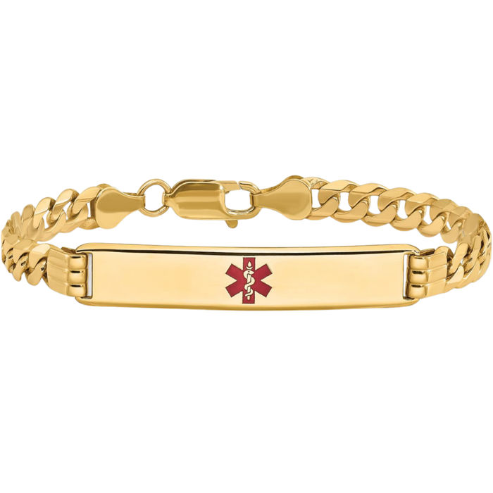 14K Solid Yellow Gold Medical Alert Curb Link Name Bar Identification ID Bracelet