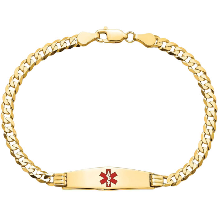 14K Solid Yellow Gold Medical Alert Curb Link Name Bar Identification ID Bracelet