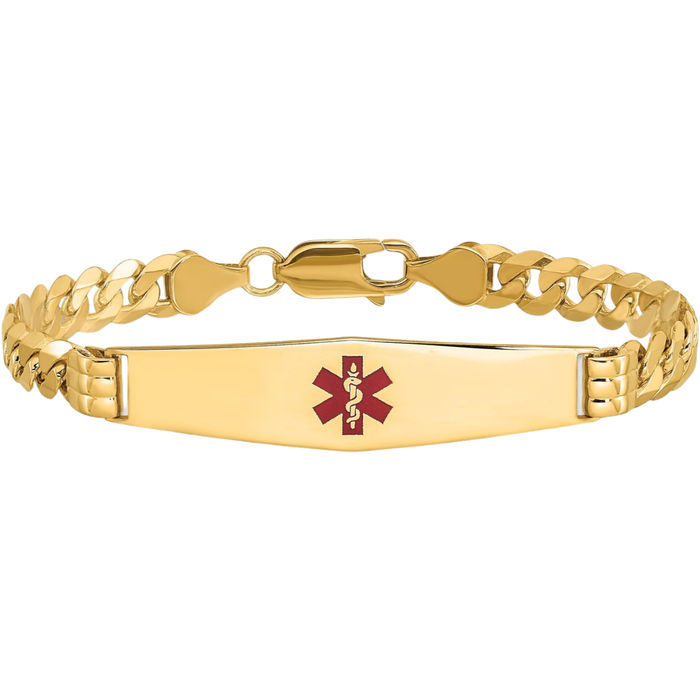 14K Solid Yellow Gold Medical Alert Curb Link Name Bar Identification ID Bracelet