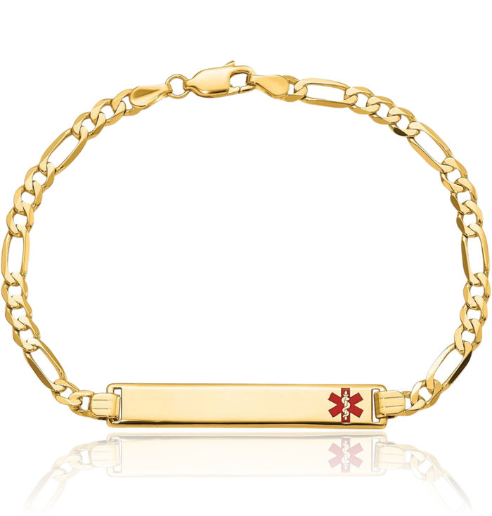 14K Solid Yellow Gold Medical Alert Figaro Link Name Bar Identification ID Bracelet