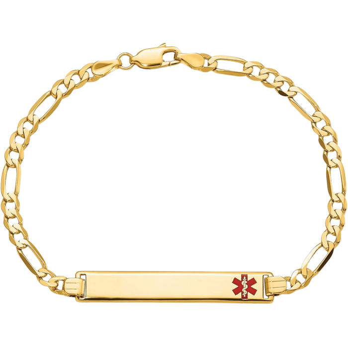 14K Solid Yellow Gold Medical Alert Figaro Link Name Bar Identification ID Bracelet