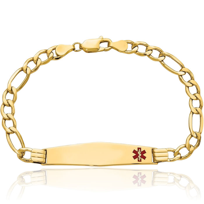 14K Solid Yellow Gold Medical Alert Figaro Link Name Bar Identification ID Bracelet