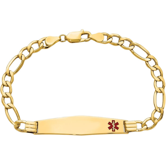 14K Solid Yellow Gold Medical Alert Figaro Link Name Bar Identification ID Bracelet