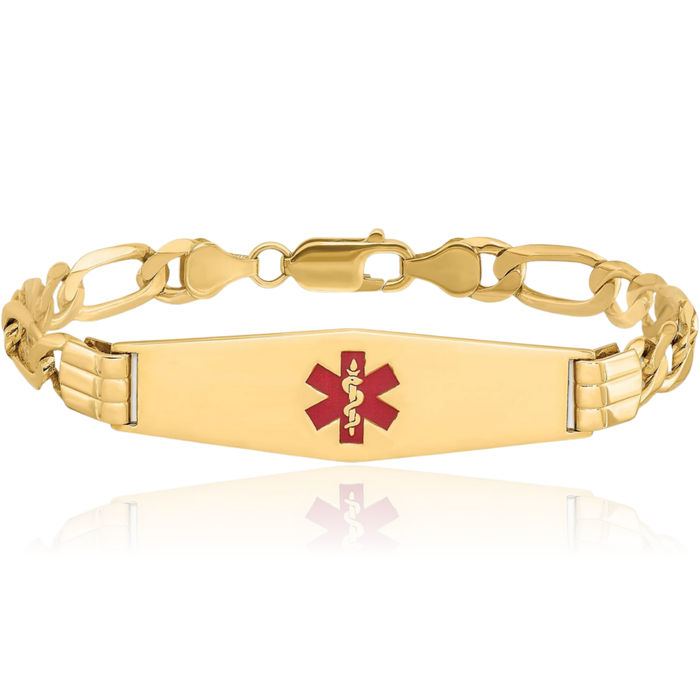 14K Solid Yellow Gold Medical Alert Figaro Link Name Bar Identification ID Bracelet