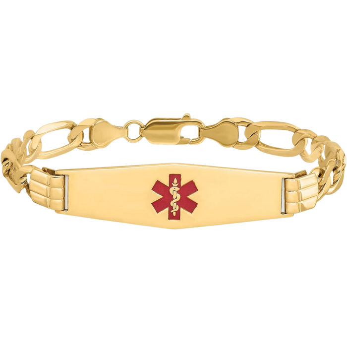 14K Solid Yellow Gold Medical Alert Figaro Link Name Bar Identification ID Bracelet