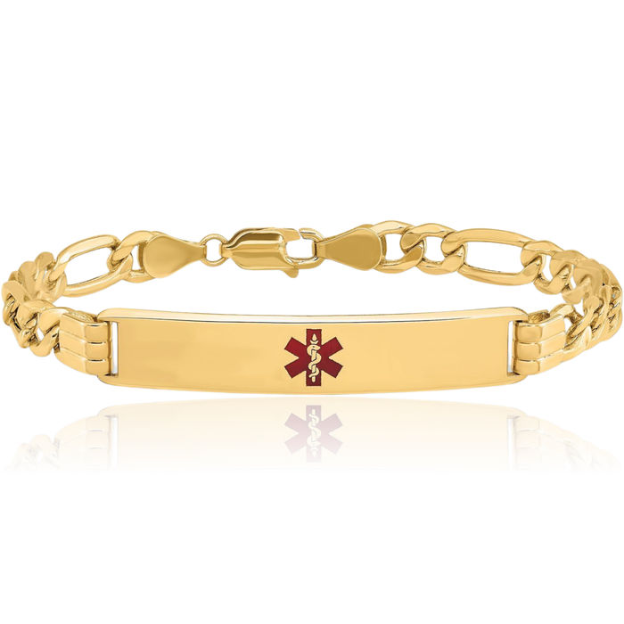 14K Solid Yellow Gold Medical Alert Figaro Link Name Bar Identification ID Bracelet