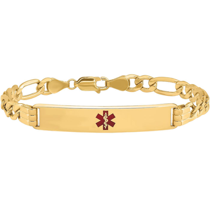 14K Solid Yellow Gold Medical Alert Figaro Link Name Bar Identification ID Bracelet